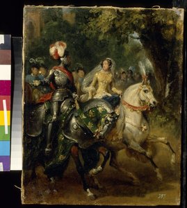 Cavalcade - Peinture de Horace Vernet (1789-1863), huile sur toile (28x22 cm), vers 1842 - (Cavalcade, Oil on canvas by H.Vernet, ca 1842) - State A. Pushkin Museum of Fine Arts, モスクワ 作： Emile Jean Horace Vernet