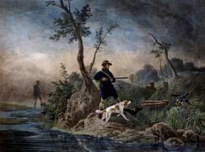 沼地での鴨狩り、ホレス ベルネ (1789-1863) の絵画に基づく彫刻 作： Emile Jean Horace Vernet
