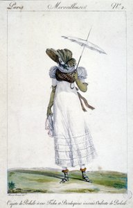 1810年頃、Horace Vernet（1789-1863）が「A Wonderful」のために制作したファッション・エングレーヴィングで、エクリュの天蓋をかぶり、血糊をつけ、タータンチェックの刺繍をし、傘をさした女性が描かれています。 作： Emile Jean Horace Vernet