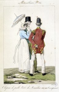 1810年頃、Horace vernet（1789-1863）が「Marvelous」の25番のために制作したファッション・エングレーヴィングで、女性的なファッション（麦わら帽子とシフォンのドレス）と男性的なファッションを表現しています。 作： Emile Jean Horace Vernet