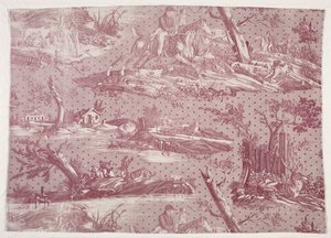 ハンティングシーンデザインの銅版画綿の断片、c。 1815年。 作： Emile Jean Horace Vernet