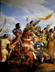 英仏戦争（1202-1214）。"the Battle of Bouvines on 27/07/1214, Philippe Auguste puts in play the crown of France" 彼女はフィリップ・オーギュストのフランス軍とオトン4世のフランドル人とウェルフ人との戦いに対抗した。フランス軍の勝利は決定的なもので、オ