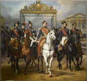 1837年6月10日、中庭での閲兵式の後、ヴェルサイユ宮殿の正門から出てくる5人の息子に囲まれたルイフィリップ王。 作： ホレス・バーネット