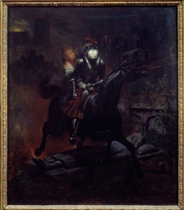 レオノーレのバラード ゴットフリート・ビュルガーの詩「レオノーレ」（1747-1794）の挿絵、馬に乗った死がレオノーレを連れ去る。エミール・ジャン・オレス・ヴェルネ（1789-1863）による絵画 1839年 日。0,61x0,55 m ナント、ミュゼ・デ・ボザール 作： Emile Jean Horace Vernet