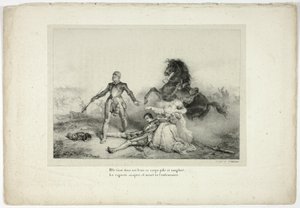 彼女は白く血まみれの死体を腕に抱えていた... 作： Emile Jean Horace Vernet