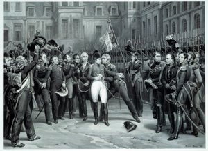 ナポレオン・ボナパルト（1769-1821）がフォンテーヌブローのシュヴァル・ブランの中庭で近衛兵に別れを告げる場面 20/04/1814 Emile Vernet dit Horace Vernet（1789-1863）によるエングレーヴィング 1814 Paris, B.N. 作： Emile Jean Horace Vernet