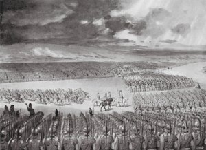 アレクサンダーの攻撃を待つポルス（紀元前326年7月）（リトグラフ