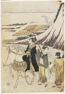 渓谷を旅する3人の女性、1794-96（カラー木版画） 作： Hosoda Eiri
