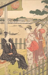 隅田川のほとりの茶屋でのグループ。 1790年。 作： Hosoda Eishi