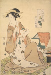 てぇ 花魁 雛鶴 おｆ チョ時や 補ｌヂンｇ あ ロウンｄ ファン うちわ、 か。 １７９４。 作： Hosoda Eishi