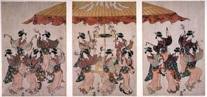 住吉踊り」三枚組、1791年頃（彩色木版画 作： Hosoda Eishi