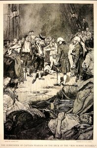 1779年、ボノム・リシャール号の甲板でピアソン船長がジョン・ポール・ジョーンズに降伏したときの様子（リトグラフ） 作： Howard (after) Pyle