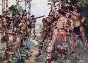 Kuvitus Henry Wadsworth Longfellowin The Courtship of Miles Standishin teokseen (värilitho) 作： Howard Chandler (after) Christy