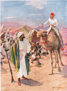 「Alone and Unarmed Gordon Rode Into the Slavers Camp」、C. Sheridan Jones 著「Brave Deeds By Brave Men」のイラスト、パブ。 1922年（石版）