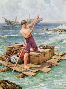 難破船から筏を運ぶ、ダニエル・デフォー（1660-1731）による「ロビンソン・クルーソー」のイラスト（カラーリソ）