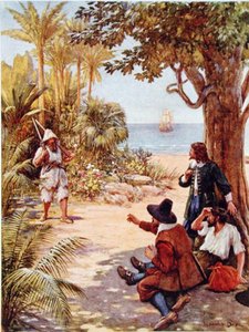 船長の前に現れるクルーソー、ダニエル・デフォー（1660-1731）による「ロビンソン・クルーソー」のイラスト（カラーリソ） 作： Howard Davie