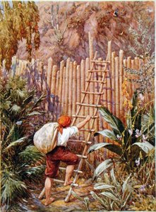 クルーソーと彼の要塞、ダニエル・デフォー（1660-1731）による「ロビンソン・クルーソー」のイラスト（カラーリソ）