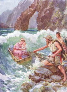 「彼は彼女と赤ん坊を無事に岩の棚の上に描いた」、「ペルセウスと彼の母親がどのようにセリフォスに来たか」のイラスト、チャールズ・キングスレー作「ギリシャのおとぎ話の英雄」（1819-75）（カラーリソ） 作： Howard Davie