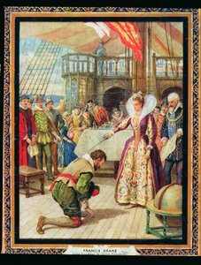 エリザベス1世女王（1530-1603）の騎士フランシス・ドレイク（1540-96）、「歴史の英雄」のイラスト（カラーリソ）