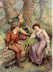 エディス・ネスビット (1858-1924) パブによる「シェイクスピアの子供たちの物語」の「お気に召すまま」のロザリンド、セリア、タッチストーン。 Raphael Tuck & Sons Ltd.、ロンドン (挿絵) 作： Howard Davie