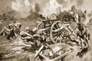 指揮官が負傷したFarrier-Sergeant T. Harrisonが砲撃の下で容赦のない立場から馬と銃を救出した 作： Howard K. Elcock