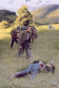 グレートサニーフィールドの真ん中での孤独な決闘。パブ、ウィリアムギルモアベイマーの「ローワンド」のイラスト。ハーパーの雑誌、1909年6月 作： Howard Pyle