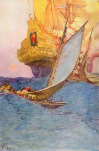 ガレオン船への攻撃、20世紀初頭（本の挿絵） 作： Howard Pyle
