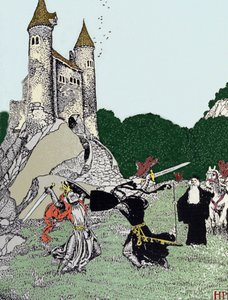 魅惑のマーリンの前でのアーサー王（アルトゥス）と黒騎士の戦い。イラスト：ハワード・パイル（1853〜1911）（アメリカのイラストレーター