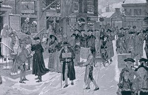 革命前の古いニューヨークのクリスマスの朝、ハーパーのウィークリー、パブからのイラスト。 1880年12月25日 作： Howard Pyle