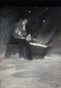 デビッドは木製のベンチに腰を下ろし、1895年に出版されたハワード・パイルによる「月の裏側の庭」からの大きな青い星を取り上げました（船上油） 作： Howard Pyle
