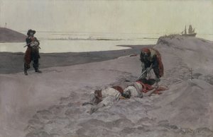 死んだ男は物語を語らない、1899年（キャンバスに油彩、グリザイユ） 作： Howard Pyle