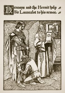 デニーズとハーミットは、ローンセロット卿の鎧を手助けします。「The Story of Sir Launcelot and his Companions」（1907年）のイラスト 作： Howard Pyle