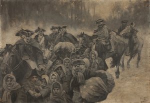 馬に乗った5人の赤毛の兵士と、もう1人、目深にマントをまとった兵士......その周囲には、老若男女の貧しい人々が雑多に集まっていた 作： Howard Pyle