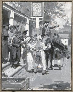 彼は風見鶏のサインで立ち止まり、詩のイラストを描いています 作： Howard Pyle