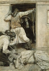 「ロバート・ルイス・スティーブンソンの小説と物語」に掲載された「誘拐された」から、彼が仲間の体に剣を通すのを見た 作： Howard Pyle
