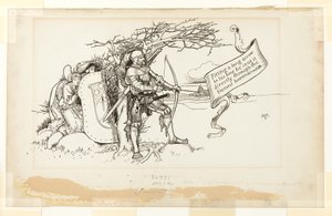 収容環境の挿絵、II; 弓に長い矢をつけ、先頭の騎手に直接矢を放った 作： Howard Pyle