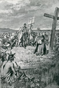 ジャックカルティエ（1491年〜1557年）ガスペで十字架を設置。イラストは、パブのトーマスウェントワースヒギンソンによる「フランスの航海者」のイラスト。ハーパーの雑誌、1883年 作： Howard Pyle