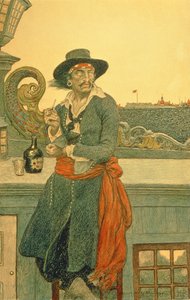 1902 年 12 月のハーパーズ マンスリー マガジンに掲載されたジョン D. チャンプリンの「真のキャプテン キッド」より「アドベンチャー ギャレー」の甲板にいるキッド (紙にクレヨン) 作： Howard Pyle