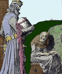 アーサー王（アルトゥス）と魔女。イラストはアメリカのイラストレーター、ハワード・パイル（1853〜1911）。