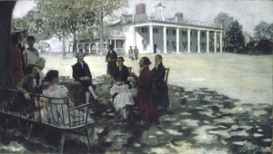 マーサとジョージワシントンは、1898年にマウントバーノンの芝生で友達を楽しませました（キャンバスに油彩とグリザイユ） 作： Howard Pyle