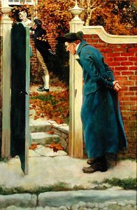 1908 年 12 月のハーパーズ マンスリー マガジンに掲載された、ハワード パイルの「謎の胸」のジェイコブ ヴァン クリーク老人は、私たちのヒーローのスーツを好まなかった (キャンバスに油彩) 作： Howard Pyle