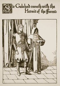 ガラハッド卿は森の隠者と一緒に来ます、「杯の物語とアーサーの通過」のイラスト、c.1910 作： Howard Pyle