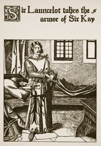 ローンセロット卿が「円卓のチャンピオンの物語」のイラストであるケイ卿の鎧を手に取る 作： Howard Pyle