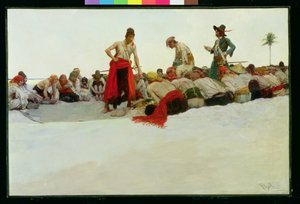 1905 年 12 月のハーパーズ マンスリー マガジンに掲載されたハワード パイルの「トレジャー タウンの運命」より、トレジャーは分割された (キャンバスに油彩) 作： Howard Pyle