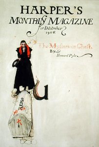 1908 年 12 月のハーパーズ マンスリー マガジンに掲載された、ハワード パイルによる「The Mysterious Chest」のテイルピース (紙にペン & インク & 水彩) 作： Howard Pyle