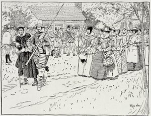 ハーパーズマガジン、1883年、ジェームズタウンでの若い女性の到着、1621年 作： Howard Pyle