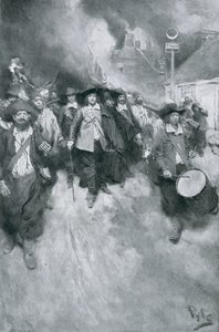ジェームズタウンのバーニング、1676年、パブのウッドローウィルソンによる「コロニーと国家」のイラスト。ハーパーの雑誌、1901年（リソ） 作： Howard Pyle