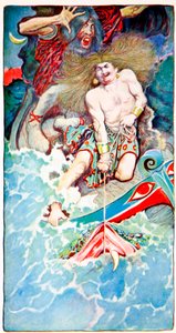 海の民話からのトールとハイミルの釣り、ハーパーズ誌、1902 作： Howard Pyle