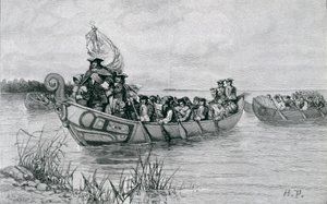 キャデラックの着陸、エドモンド・カークによる「海峡の街」のイラスト、パブ。ハーパーの雑誌で、1886 作： Howard Pyle