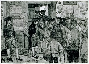 切手の士官に辞任を強要しようとする暴徒、1882年のハーパー誌から 作： Howard Pyle